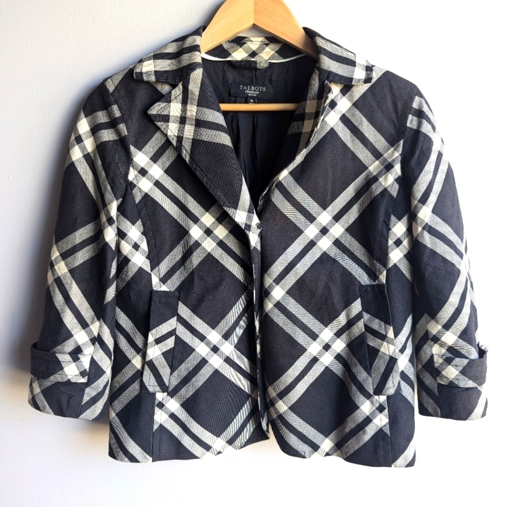 Talbots Petite Women's Single Button black & cream Plaid Jacket Sz 8P 3/4 sleeve